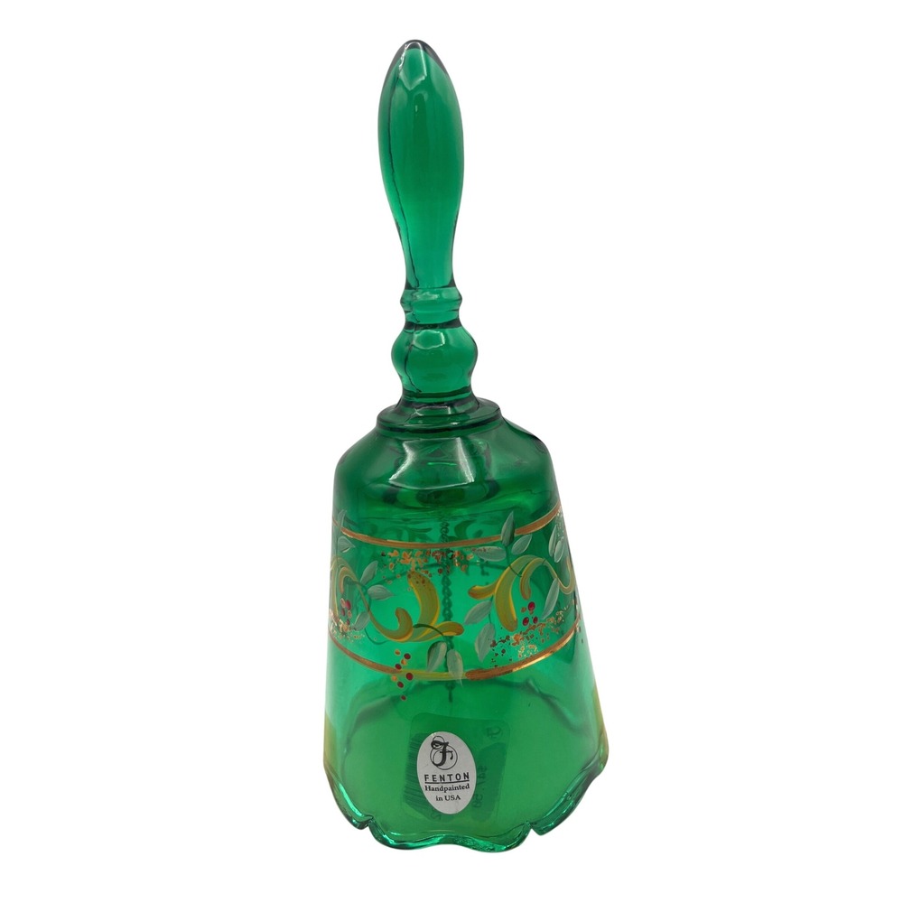 Vtg Fenton Emerald Green Art Glass Bell Hand Painted Signed E Lowe #840‎ Label